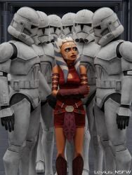 1girls ahsoka_tano alien alien_girl alien_humanoid blue_eyes clone clone_wars clones female group hallway male male_group multiple_boys nervous nervous_expression nervous_face nervous_female orange_skin sfw sfw_version suggestive suggestive_look togruta unsure