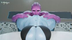 2girls 3d alien alien_girl alien_humanoid asari assa_yere blue_skin bottomless bra cunnilingus female female_on_female female_only huge_breasts kneehighs lingerie looking_at_viewer maleen_(russymacalroy) mass_effect pov purple_skin sucking_pussy thick_female yeetiques