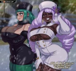 2girls alternate_costume armpit_crease armpits arms_up blannis_art breasts cleavage cold dark-skinned_female dark_skin ear_piercing earrings fishnets green_hair grey_eyes harujio_(pokemon) jacinthe_(pokemon) large_ass large_breasts lebanne_(pokemon) lesbian long_hair looking_at_viewer matching_outfit pale-skinned_female pale_skin pink_hair pokemon pokemon_legends:_z-a revealing_clothes small_waist snow thick_thighs thighs thin_waist tight_clothing tights tiny_waist underboob wide_hips yellow_eyes yukari_(pokemon) yuri