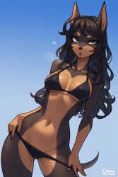 original_character dobermann female bikini green_eyes black_hair