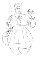 big_breasts cellphone mature_female muscular_female orangekissess overwatch overwatch_2 school_uniform short_hair tagme wide_hips zarya