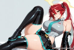 1girl ai_generated big_breasts female guilty_gear guilty_gear_strive hatsune_miku_(cosplay) jack-o'_valentine mature_female red_hair revoaru thick_thighs thighs