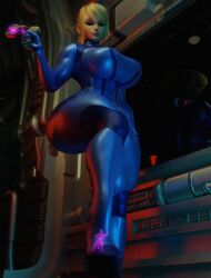 1boy 1girls 3d 3d_(artwork) big_breasts blonde_hair blue_eyes bodysuit giantess huckleberry8181 huge_ass huge_breasts large_breasts larger_female metroid nintendo samus_aran scrag_boy_(model) scrag_samus shrinking smug thick_ass thick_thighs weapon wide_hips