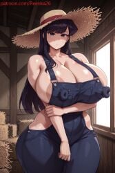ai ai_generated reenka25 patreon patreon_username patreon_exclusive komi-san_wa_komyushou_desu komi_shouko 1girls long_hair bangs black_hair black_eyes overalls naked_overalls sideboob cleavage breasts erect_nipples thick thick_ass thick_thighs huge_breasts big_breasts huge_ass big_ass indoors barn grabbing_own_arm
