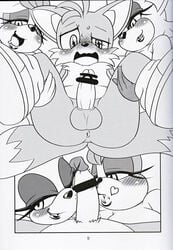 2013 anus ass bat blush breasts canine canned_furry_2 censored comic erection fox fur grab kissing lagomorph michiyoshi monochrome nude open_mouth penis rabbit rouge_the_bat rubbing sega sonic_(series) tails vanilla_the_rabbit