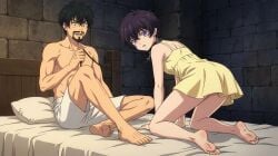 agott_(just_mae) ai_generated beard bed black_hair collar feet legs older_male_and_younger_female olruggio_(witch_hat_atelier) short_hair skirt soles tomboy wampik witch_hat_atelier