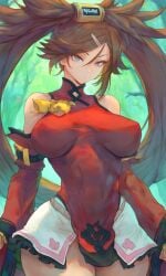 kuradoberi_jam jam_kuradoberi brown_hair long_hair hair_loopies hair_ornament hair_between_eyes blue_eyes large_breasts wide_hips red_dress detached_sleeves bare_shoulders tight_clothing erect_nipples covered_nipples covered_erect_nipples breasts_apart white_skirt miniskirt long_sleeves high_collar outdoors forest ai_generated guilty_gear cutesexyrobutts_(style)