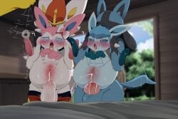 2boys 2girls 3boys anal blue_fur blush character_request cinderace commentary cum dagasi furry furry_male glaceon hetero highres hypno hypnosis lucario mind_control multiple_boys multiple_girls open_mouth penis pokemon pokemon_(creature) pussy sex sylveon