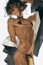 1boy bikini bikini_top black_hair bulge dark-skinned_femboy dark-skinned_male dark-skinned_sissy dark-skinned_twink dark_skin femboy lean_body lihayato magami_roushi_(lihayato) oc purple_eyes shiny_skin short_hair skinny skinny_male slender slender_body slender_build smirk solo tan_body tan_skin twink two-tone_hair