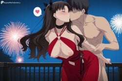 1boy 1girl ai_generated arm_grab bare_shoulders bent_over black_choker black_hair blush breasts breasts_out choker closed_eyes clothed_female_nude_male clothing_cutout collarbone digitalwaifugallery dress faceless faceless_male fate/stay_night fireworks hair_ribbon heart hetero hi_res high_quality high_resolution kiss large_breasts leaning_forward long_hair navel navel_cutout night nipples no_bra nude o-ring outdoors patreon red_dress ribbon seductive sex sex_from_behind sexy sky sleeveless_dress spoken_heart standing standing_sex sweat tohsaka_rin two_side_up uncensored watermark