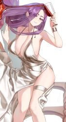 artist_request cleavage large_breasts laura_(black_survival) long_hair purple_eyes purple_hair silver_dress tagme thigh_strap wine