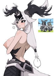 1girls antlers arms_under_breasts bare_back black_sclera blush cat_(battle_cats) exposed_breasts female female_only h_spike highres horns huge_breasts light-skinned_female long_hair looking_at_viewer narita_kaihime nipples nyanko_daisensou smiling_at_viewer the_battle_cats topless_female white_eyes white_hair