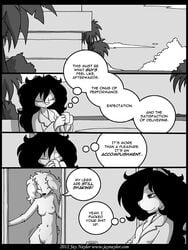 anthro bethany_(jay_naylor) breasts canine clothing coffee comic couple feline female fur furry jay_naylor monochrome nipples nude original_life_universe_(jay_naylor) outside trixie_(jay_naylor)