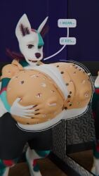 greg_(artist) sakana_(greg) furry solo female anthro cat feline sphynx_(cat) koi_fish hybrid fitting_room tight_clothing tight_fit tight_clothes holding_breasts holding_own_breasts hyper hyper_breasts huge_breasts big_breasts breasts button_down_shirt long_nails bulging_breasts motion_lines nipple_outline text 3d 3d_(artwork) blender blender_(software)