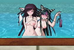 2girls almost_naked big_breasts bikini blush breasts danganronpa danganronpa_2:_goodbye_despair grin holding_unworn_clothes imminent_sex inviting light-skinned_female looking_at_viewer middinos midnightdindins mioda_ibuki multicolored_hair nipple_piercing partially_clothed piercing pool removing_clothing smile tsumiki_mikan undressing water