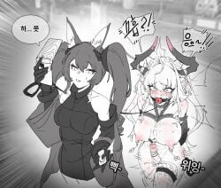 2girls :o absurdres anal_beads anal_tail angelina_(arknights) anger_vein animal_ear_fluff animal_ears arknights arknights:_endfield bare_shoulders bdsm belt_collar blush bound bound_breasts breasts cellphone coat collar controller crying crying_with_eyes_open dot_nose dragon_horns dragon_tail dress drooling elbow_gloves fake_tail femdom flip_phone fox_ears fox_girl furfutagusok futa_with_female futanari gag gagged gilberta_(arknights) gloves greyscale hair_intakes headgear high_collar highres holding holding_controller holding_leash holding_phone holding_remote_control horns impossible_clothes impossible_dress korean_commentary korean_text large_breasts leash leash_pull long_hair looking_at_another medium_breasts monochrome multiple_girls nipple_piercing nipple_weights nipples object_insertion off-shoulder_shirt off_shoulder out_of_character phone piercing remote_control remote_control_vibrator restrained rope_marks sex_toy shirt sleeveless sleeveless_dress sounding speech_bubble spot_color tail tail_raised tears thigh_strap too_many too_many_sex_toys torture translation_request twintails urethral_beads urethral_insertion vibrator vibrator_cord vibrator_in_thigh_strap wide_sleeves wiffle_gag yvonne_(arknights:_endfield)