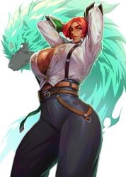 virgoart1509 giovanna_(guilty_gear) guilty_gear guilty_gear_strive thick thick_thighs thighs thick_ass wide_hips wide_thighs tight_clothing large_breasts clothed nipples nipple_bulge nipples_visible_through_clothing wet wet_clothes slim_waist tiny_waist thin_waist athletic athletic_female solo solo_focus solo_female red_hair blue_eyes tan_skin thick_lips looking_at_viewer arms_up sweat sweating sweaty sweaty_body breasts boobs big_breasts big_boobs large_boobs