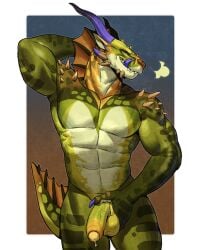 anthro balls blue_background breath dragon featureless_chest foreskin forked_tongue genitals gradient_background green_body hand_behind_head hi_res holding_penis horn humanoid_genitalia humanoid_penis licking licking_lips licking_own_lips male male_anthro muscular muscular_anthro muscular_male mythological_creature mythological_scalie mythology neck_fin nude_anthro nude_male orange_background penis purple_tongue roamingthrough scalie simple_background solo spikes spikes_(anatomy) standing tongue tongue_out