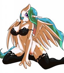 anthro avante92 bottomless bra clothed clothing equine friendship_is_magic half-dressed horn laces my_little_pony princess_celestia_(mlp) pussy stockings alicorn wings