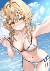 1girls 2d 2d_(artwork) alternate_costume beach beach_background bikini bikini_bottom bikini_top blonde_hair blush bra clouds day embarrassed embarrassed_expression embarrassed_female female female_focus female_only flowers flowers_in_hair front_view genshin_impact high_resolution highres hoyoverse light-skinned_female light_skin looking_at_viewer lumine_(genshin_impact) mihoyo_technology_(shanghai)_co._ltd. mitsu336 ocean outdoors short_hair sky slim_girl solo solo_female solo_focus summer swimsuit thong thong_bikini two_piece_swimsuit water white_bikini white_bikini_bottom white_bikini_top white_flowers white_swimsuit yellow_eyes young younger_female