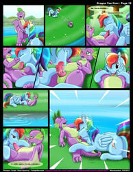 2012 blue_fur blush color comic cutie_mark day dialogue dragon dragon_you_over_(kitsune_youkai) english_text equine female feral friendship_is_magic fur green_eyes hair horse kitsune_youkai male multicolored_hair my_little_pony one_closed_eye oral oral_sex outdoors page_16 pegasus penis pony purple_eyes pussy rainbow_dash_(mlp) rainbow_hair sex spike_(mlp) sweat text water wings