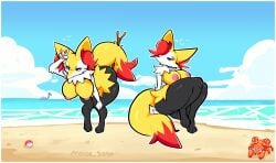 pokemon pokemon_(species) braixen paras pokeball lapras beach ocean water fox fox_ears fox_tail anthro female ass_focus ass bent_over looking_at_viewer nova_3050 nova3050 watermark yellow_body yellow_fur ear_tuft fluffy_tail thick_thighs big_breasts thighs_together thighs breasts annoyed sitting furry naked nipples