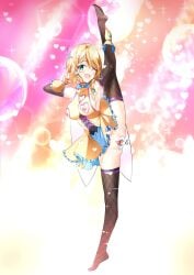 1girl ;d armpits black_thighhighs blonde_hair blush breasts clothing_cutout detached_sleeves dress female female_only fishnet_thighhighs fishnets flexible full_body gaping green_eyes hair_ornament heart heart_cutout highres leg_lift leg_up looking_at_viewer magical_girl medium_breasts nipple_cutout nipples no_panties nyanmel49 one_eye_closed open_mouth original pussy short_hair smile solo speculum split spread_pussy standing standing_on_one_leg standing_split thighhighs v yellow_dress