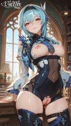 1girl breasts eula_(genshin_impact) solo pussy nipples thighs hairband thighhighs looking_at_viewer torn_clothes blue_necktie long_sleeves blue_hair necktie bangs leotard black_hairband blush covered_navel large_breasts black_thighhighs yellow_eyes thick_thighs medium_hair hair_ornament black_leotard breasts_out purple_eyes skindentation book closed_mouth uncensored indoors medium_breasts blue_cape torn_leotard smile sidelocks shoulder_cutout clothing_cutout bare_shoulders mosaic_censoring cleft_of_venus window cowboy_shot lamp bodystocking bookshelf thigh_strap ass_visible_through_thighs cape pendant book_stack white_shirt standing genshin_impact mihoyo mihoyo_technology_(shanghai)_co._ltd. light_skin light-skinned_female vianox ai_generated ai_assisted ai ai_art ai-created hi_res highres high_resolution high_quality 2d red_pussy pussy_blush butterfly_hair_ornament hoyoverse possing pose