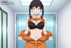 1girl breasts twintails black_hair underwear bra solo navel jumpsuit black_bra indoors cleavage looking_at_viewer undressing large_breasts orange_eyes orange_jumpsuit collarbone clothes_lift shirt_lift open_mouth artist_name :o locker standing bare_shoulders lifted_by_self tank_top upper_body ai_generated anime anime_style hentai hi_res mystic_maidens patreon kotatsu_tamaki tamaki_kotatsu fire_force enen_no_shouboutai en'en_no_shouboutai