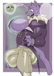 absurd_res anthro balls balls_outline biceps big_balls big_bulge big_muscles big_pecs big_penis bodily_fluids bottomwear bulge butt claws clothed clothing detailed_bulge dialogue domestic_cat drooling duo english_text felid feline felis fur genital_growth genital_outline genitals growth hi_res huge_bulge male mammal moon muscle_growth muscular muscular_anthro muscular_male nervous nervous_smile open_clothing open_topwear pants pecs pecs_growth penis penis_outline pocketcat_(fear_&_hunger) purple_body purple_fur rher saliva sharp_teeth surprised sweat sweatdrop tail teeth text topwear tsukielewds vein veiny_muscles white_body white_fur