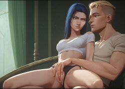 caitlyn_kiramman caitlyn_(league_of_legends) league_of_legends arcane netflix female blue_eyes sexy_body looking_pleasured panties_aside exposed_pussy fingering pleasured legs_apart crop_top slim_waist slim_female fit_female blue_hair ai_generated sitting_on_person sitting_on_lap looking_at_partner seductive_look