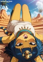 ankha ankha_(animal_crossing) ai_generated deik0 animal_crossing furry cat_ears cat_tail animal_humanoid egyptian_female egyptian oasis desert open_mouth cum cum_in_mouth looking_at_viewer lying lying_on_back after_fellatio after_oral solo