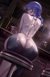 zenless_zone_zero promeia_(zenless_zone_zero) purple_eyes blue_hair long_hair dress breasts big_ass huge_ass ass thick_thighs big_thighs huge_thighs female 1girls ass_focus dat_ass dumptruck_ass dumptruck_butt back_view pale_skin pale-skinned_female queasy_s sitting