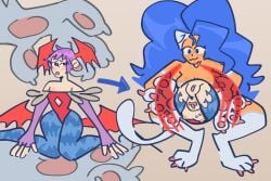 2girls balled_up capcom cat_paws catgirl chromalotte compressed darkstalkers drooling exposed_pussy felicia_(darkstalkers) inanimate_transformation lilith_aensland spherification squished succubus