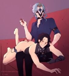 2boys black_hair blue_hair dominant_male dottore_(genshin_impact) gay genshin_impact lowres male male_only pantalone_(genshin_impact) punishment submissive_male yaoi