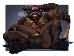 accessory alpha_channel anthro balls barefoot beard big_balls big_penis blep blue_background bodily_fluids bovid bovine brown_body brown_fur cap_over_eyes cattle chain clothing cock_ring dripping erection facial_hair facial_piercing feet fur genital_fluids genitals gold_(metal) gold_chain hand_behind_head hat hat_over_eyes headgear headwear hi_res horn huge_balls huge_penis humanoid_genitalia humanoid_penis jewelry male male_anthro mammal muscular muscular_anthro muscular_male nipple_piercing nipple_ring nipples nose_piercing nose_ring obstructed_eyes pecs penis penis_accessory penis_jewelry piercing precum precum_drip ring_piercing roamingthrough septum_piercing septum_ring simple_background sitting soles solo tail tail_tuft thick_penis thick_thighs toes tongue tongue_out tuft vein veiny_penis