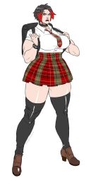 backpack big_breasts black_hair black_lipstick collar color dyed_hair goth_girl mature_female muscular_female orangekissess overwatch overwatch_2 red_hair school_uniform short_hair skirt spiked_bracelet tagme thighhighs zarya