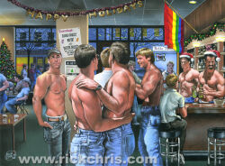 18boys 2008 6+boys artist_logo beer_bottle black_hair blonde_hair christmas cowboy_hat dated english_text gay holidays indoors jeans light_skin male male_only moustache multiple_boys muscular nipples pride_flag rick_chris_(artist) santa_hat shirtless text tight_pants traditional_media yaoi