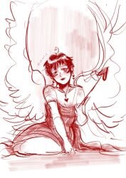 trigun trigun_maximum meryl_stryfe 1girls 1girl looking_at_viewer smiling_at_viewer angel angel_wings dress red_dress arrow thick_thighs short_hair black_hair cd_art_h heart-shaped_necklace necklace