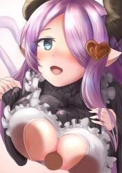 1girl apron blue_eyes blush breasts cleavage cleavage_cutout clothing_cutout draph granblue_fantasy hair_over_one_eye heart heart-shaped_pupils heart_cutout hetero highres horns huge_breasts long_hair narmaya_(granblue_fantasy) narmaya_(valentine)_(granblue_fantasy) official_alternate_costume open_mouth paizuri pov purple_hair purple_ribbon ribbon smile sweater symbol-shaped_pupils wataseric52koni white_apron