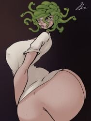giygal greek_mythology medusa ass breasts shirt_pull shirt big_shirt snake_hair bandage_on_face