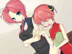 sisters rule_63 genderswap_(mtf) female_only female 2girls siblings blue_eyes orange_hair braid braided_hair long_hair double_bun bun_cover chinese_clothes cleavage cleavage_cutout china_dress angry breast_size_difference breast_envy blush big_breasts flat_chest melon red_hair single_braid pink_hair gintama kamui_(gintama) nikfant_a kagura_(gintama) dutch_angle