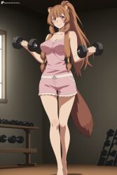 1girl ai_generated animal_ear_fluff animal_ears artist_name ass_visible_through_thighs bare_shoulders barefoot blush breasts brown_hair cleavage closed_mouth collarbone digitalwaifugallery dolphin_shorts dumbbell exercise female female_only full_body gym hi_res high_quality high_resolution indoors large_breasts long_hair looking_at_viewer medium_breasts patreon patreon_username pink_shorts ponytail raccoon_ears raccoon_girl raccoon_tail raphtalia red_eyes seductive sexy short_shorts shorts sidelocks smile solo standing tail tate_no_yuusha_no_nariagari the_rising_of_the_shield_hero thigh_gap uncensored very_long_hair watermark weightlifting weights