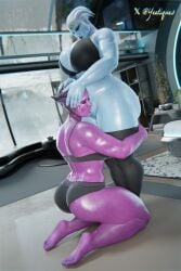 2girls 3d alien alien_girl alien_humanoid asari assa_yere blue_skin bottomless bra female female_on_female female_only hands_on_head huge_breasts hugging_another kneehighs lingerie maleen_(russymacalroy) mass_effect purple_skin standing thick_female yeetiques