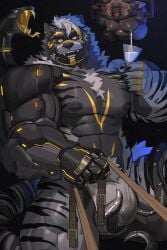 4_missing_limbs abs amputation anthro barazoku beard beverage big_muscles big_pecs bison blush bodily_fluids bovid bovine bulge chest_markings chest_tuft clive_the_bull_(uriex) clothing cocktail_glass container cup cybernetics cyborg detailed_bulge drinking_glass duo ear_piercing eyes_closed facial_hair facial_markings facial_piercing fangs felid forehead_markings forked_tongue glass glass_container glass_cup hair head_markings hi_res holding_beverage holding_leash holding_object horn kneeling lactating latex latex_clothing latex_skinsuit leash looking_at_viewer machine male male/male male_lactation mammal markings mechanical_arm mechanical_tentacles mostly_nude muscular muscular_arms muscular_legs muscular_male nipple_outline nipple_piercing nipple_ring nipples nose_piercing nose_ring open_mouth pantherine pecs piercing prosthetic prosthetic_arm prosthetic_limb pubes reptile ring_piercing scalie septum_piercing septum_ring skinsuit smile snake stripes suspension tail teeth tentacles_on_bulge tiger tight_clothing tongue tongue_out tuft uriex yellow_eyes