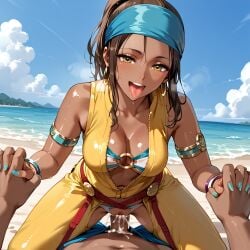 1girls ai_generated big_breasts brown_eyes brown_hair clothed clothed_female clothed_sex cowgirl cowgirl_position dark-skinned_female dark_skin grabbing hairband inside king_of_fighters large_breasts long_hair outdoors panties pov public riding tan tan_skin thick white_panties zarina_(kof) erection hard_cock cum cum_inside cum_in_pussy creampie cumshot tongue
