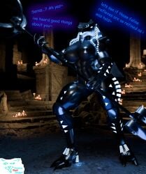 absurd_res big_breasts bionicle breasts female glowing hi_res lego melee_weapon muscular muscular_female polearm roodaka solo sourcebumbiscuit trident weapon