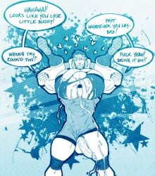 2boys after_anal ashley_(pancakepornography) ass bara beanie blue_theme cock_ring covered_eyes cum cum_in_ass cum_on_ass cum_on_body cum_overflow cumdrip english_text face_piercing facial_hair flaccid full_nelson gaping gay gay_male hair_over_eyes hands_on_another's_arms hat heart highres knee_pads kneehighs large_penis large_testicles male_focus monochrome mouth_piercing multiple_boys muscular muscular_arms muscular_male nose_piercing nose_ring original pancakepornography penis piercing plug_(piercing) reverse_suspended_congress sex_toy shoes smile socks speech_bubble star_(symbol) stubble testicles thick_thighs thighs tongue_piercing v-taper wrestling_singlet yaoi