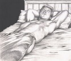 1boy 2004 animated archived_source ass edit gay gif male male_only monochrome muscular nipples no_visible_genitalia original rick_chris_(artist) sleeping solo traditional_media