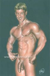 1boy 2005 archived_source ass balls black_background blonde_hair dated flaccid gay kyle_prescott light_skin male male_only muscular nipples penis real_person realistic rick_chris_(artist) simple_background solo traditional_media yaoi